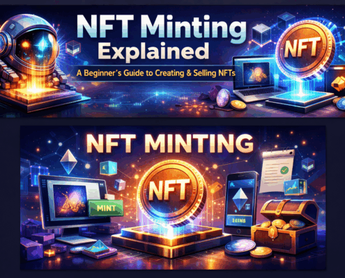 NFT minting process illustration with digital art and blockchain