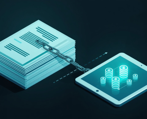 Tokenised real estate – fractional ownership represented by glowing digital tokens wrapping around an apartment building.