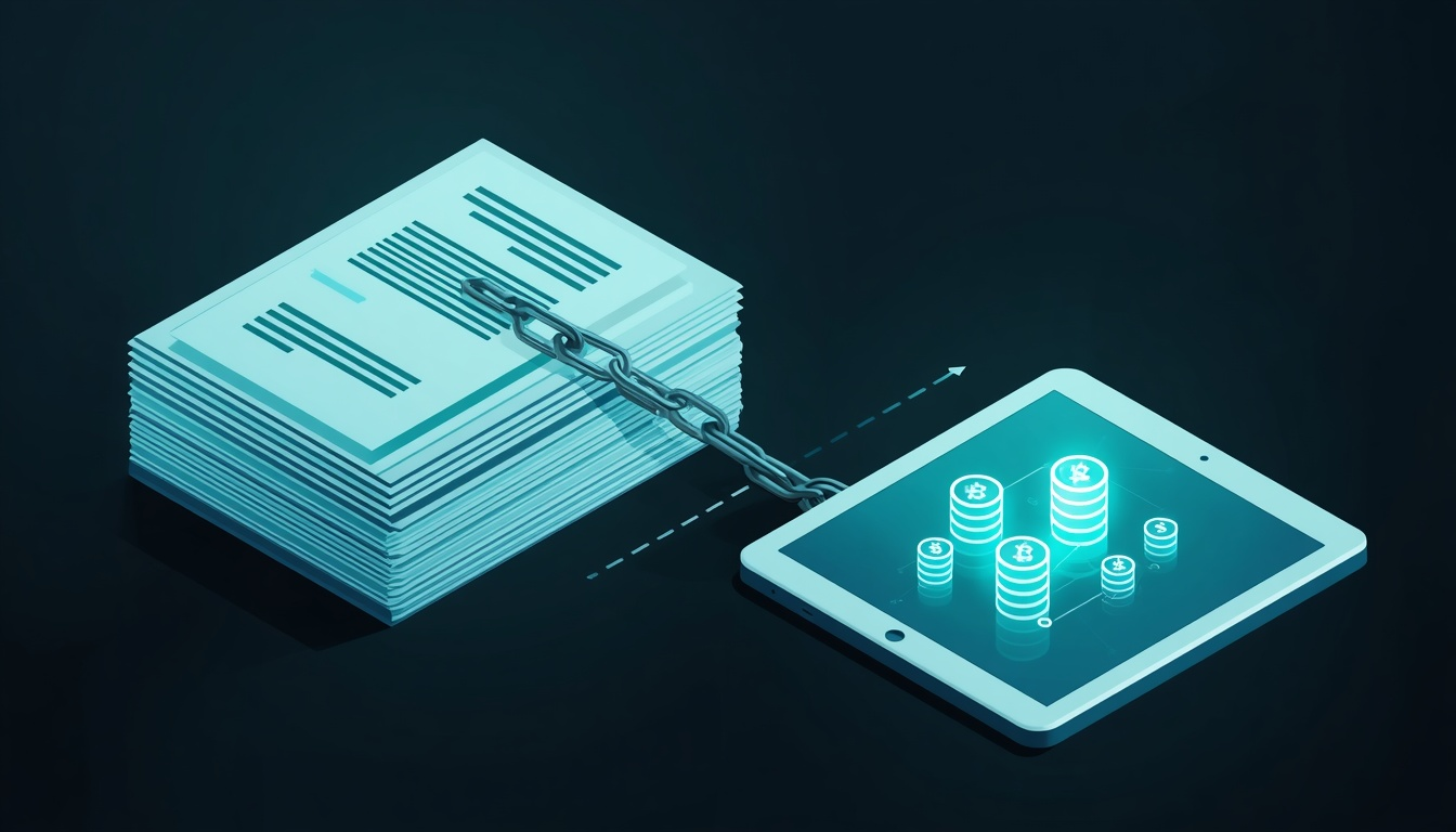 Tokenised real estate – fractional ownership represented by glowing digital tokens wrapping around an apartment building.